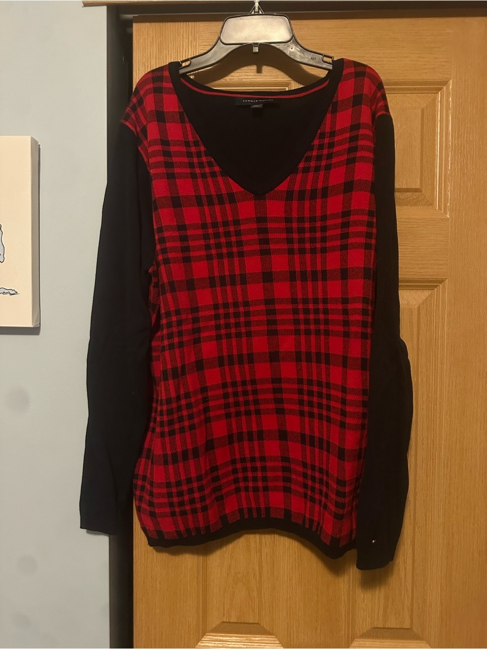 Tommy Hilfiger Red and Black Plaid V-Neck Sweater